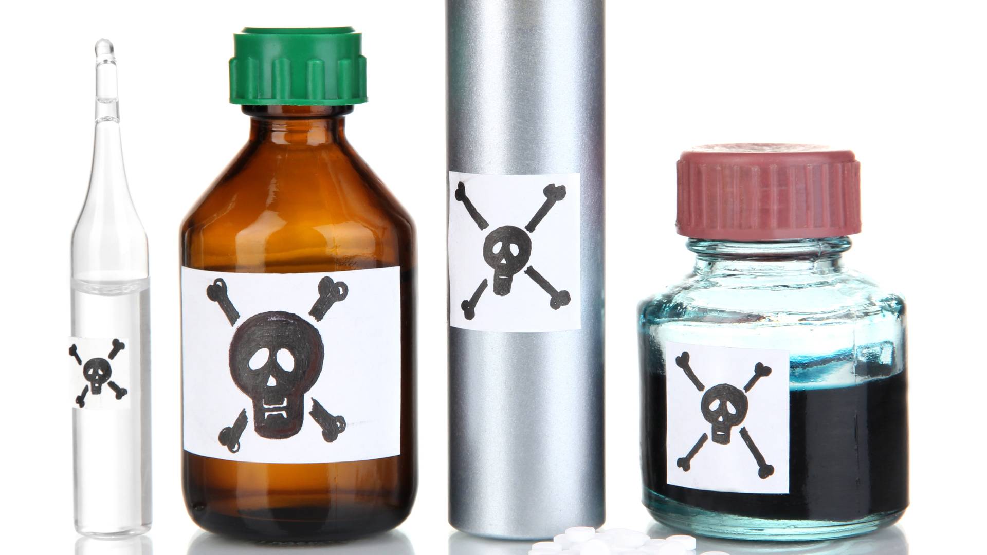 different vessels with poison stickers to illustrate what is the best rat and mouse poison